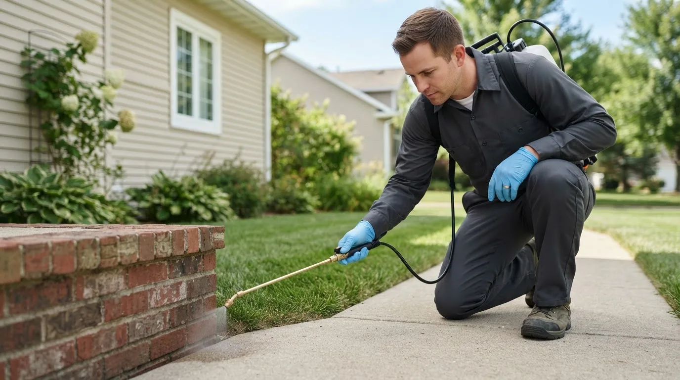 Pest control technician treating a home near East Randolph, VT